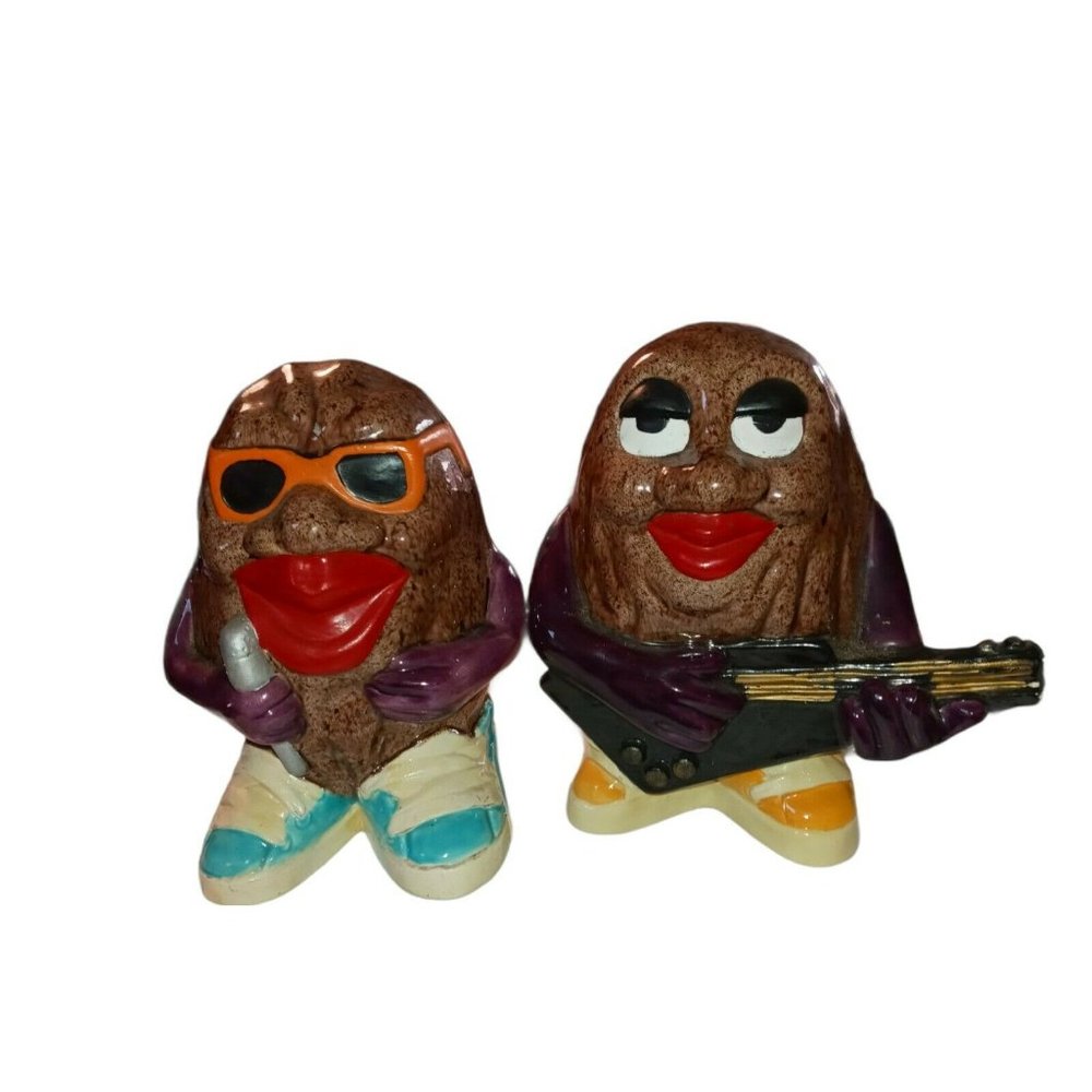 Vintage 2 California Raisin Hand Crafted Painted Glazed 7" Tall Singer Guitar